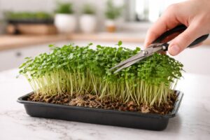 Frisch gewachsene Microgreens in einer flachen Anzuchtschale auf einer hellen Küchenarbeitsfläche.